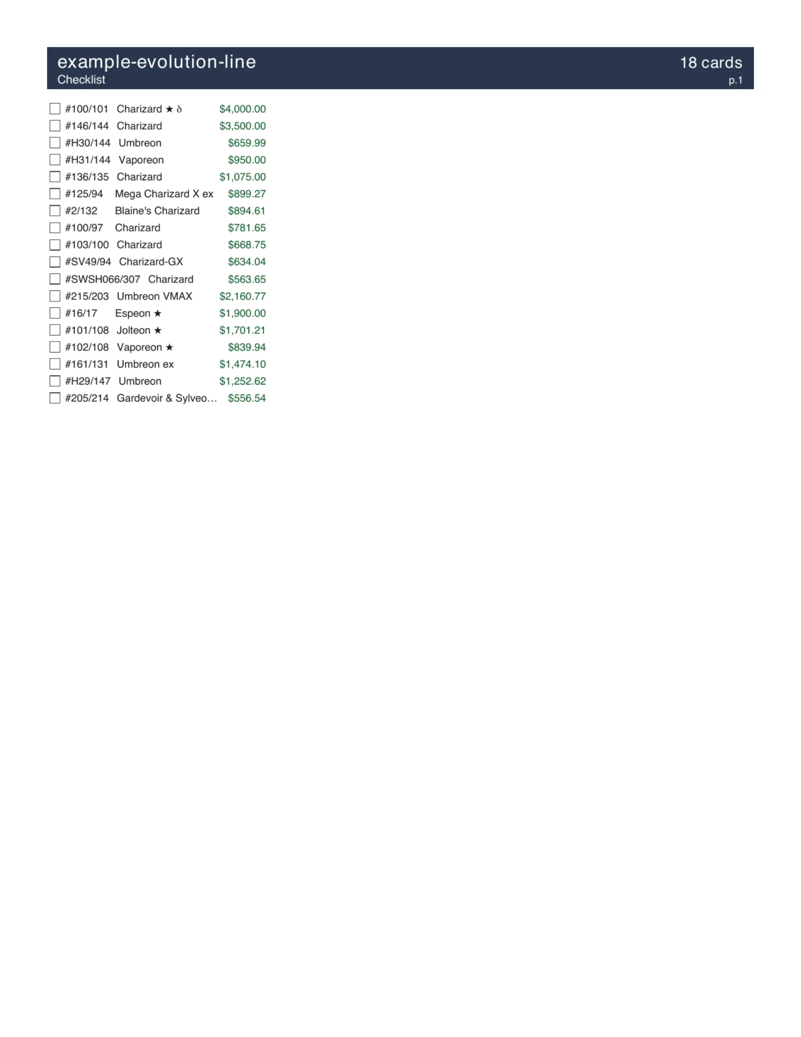 Screenshot of a single page from the generated checklist.pdf listing cards by set with checkbox marks.